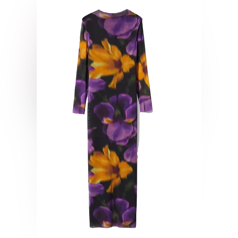 Mango Black Maxi Dress Floral High Neck Bodycon Dress - Picture 4 of 7